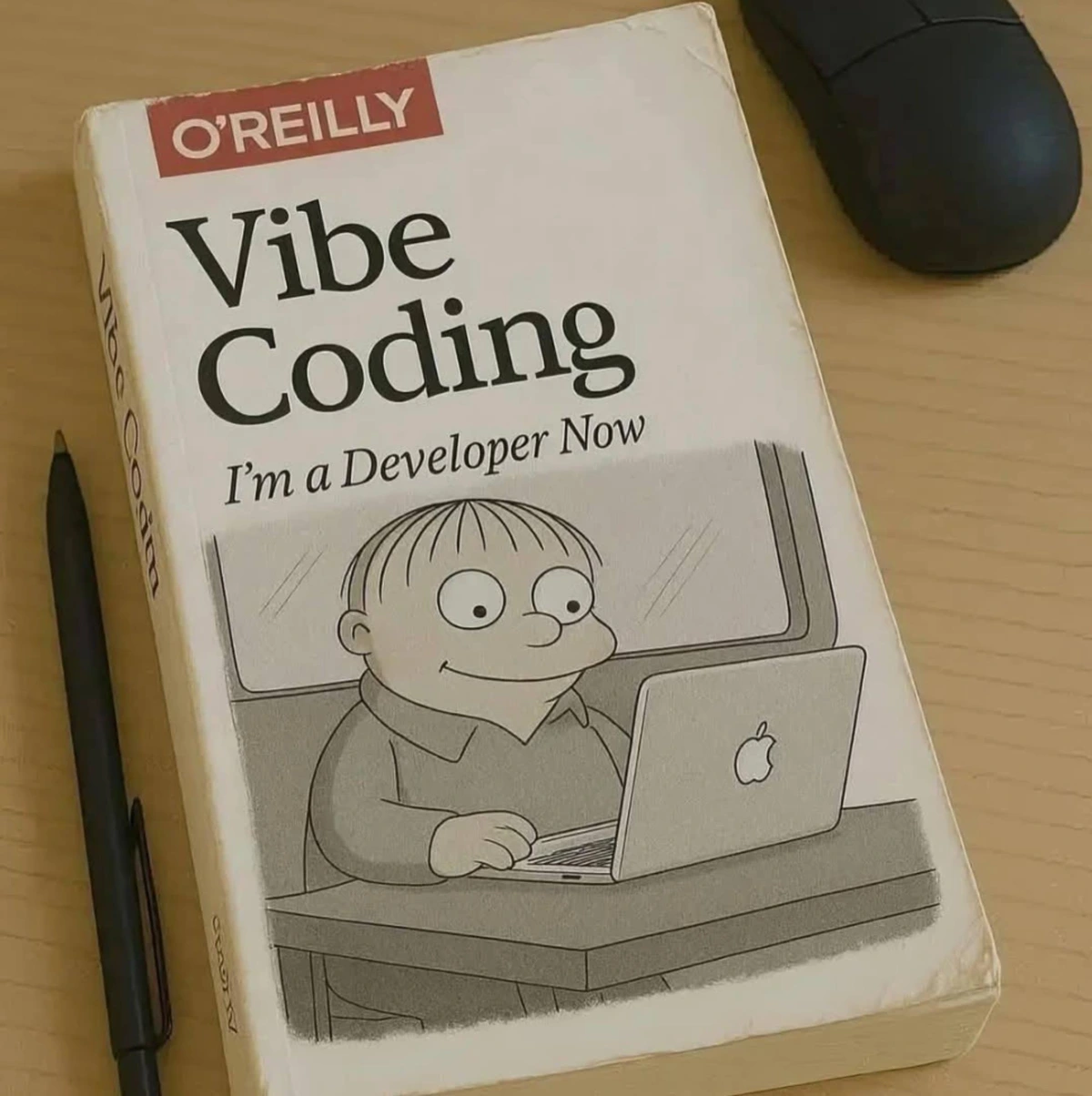 [Image of a book from O'Reilly with the title: Vibe Coding. I'm a Developer Now. Followed by an image of Ralph Wiggim at a laptop.]