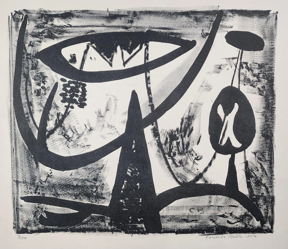 A boldly gestural black-and-white abstract lithograph, edition 3 of only 10. Large sweeping calligraphic strokes dominate the composition — thick, looping black forms with an almost biomorphic quality, suggesting eyes, wings, or organic bodies without resolving into specific figures. Against these, atmospheric grainy tonal passages (characteristic of lithographic crayon or tusche wash) create spatial depth and faint suggestions of landscape — trees, cliffs, rooftops. A sharp triangular spike rises from center-bottom; a rounded ovoid on a stem anchors the right; a cluster of dots adds rhythmic texture at left. The work sits confidently at the intersection of Abstract Expressionism and Miró-esque biomorphism — stylistically very much of its moment.