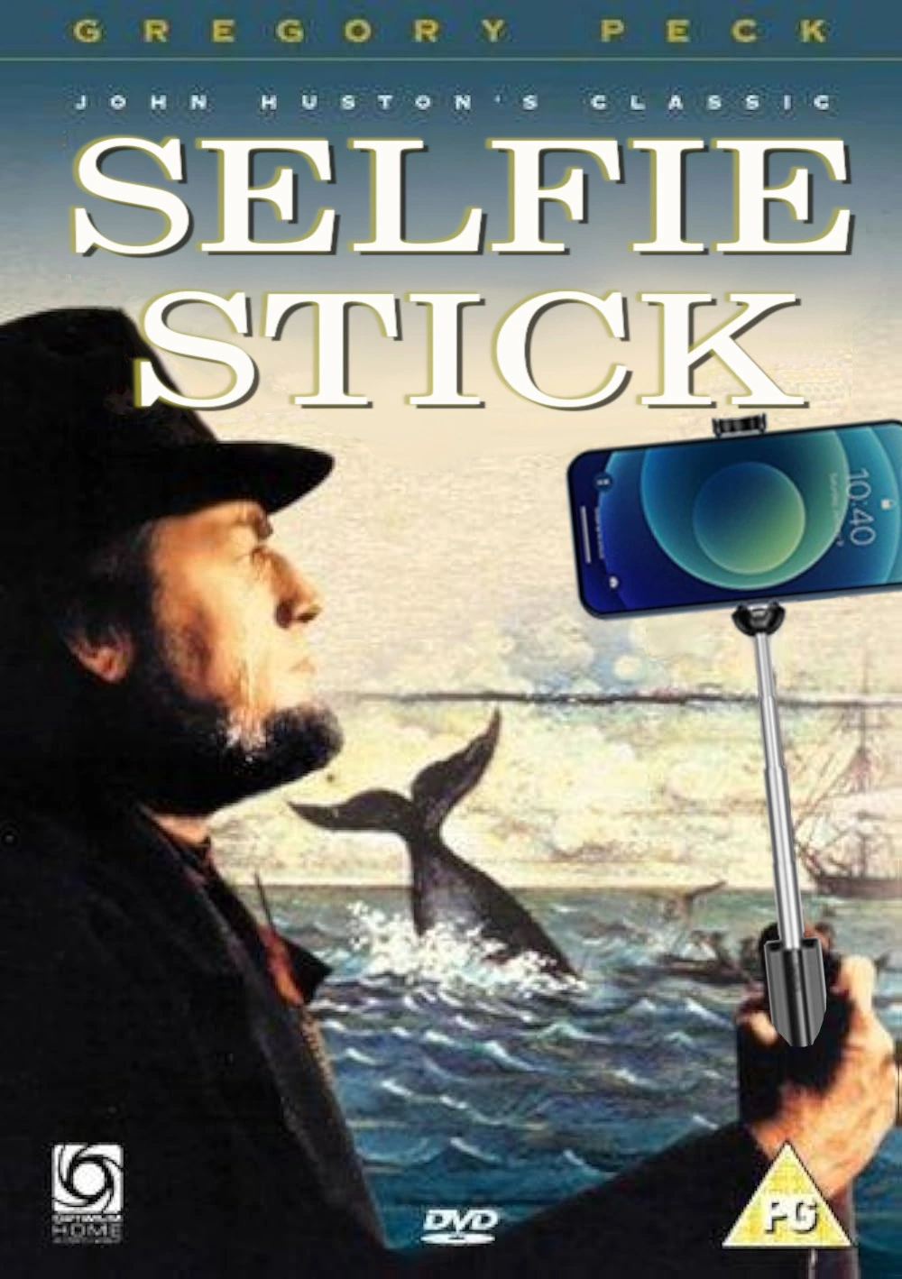 DVD-Label Moby Dick (1956 mit Gregory Peck), Titel "Selfie Stick" Kapt. Ahab hält stat Harpune einen solchen in der Hand