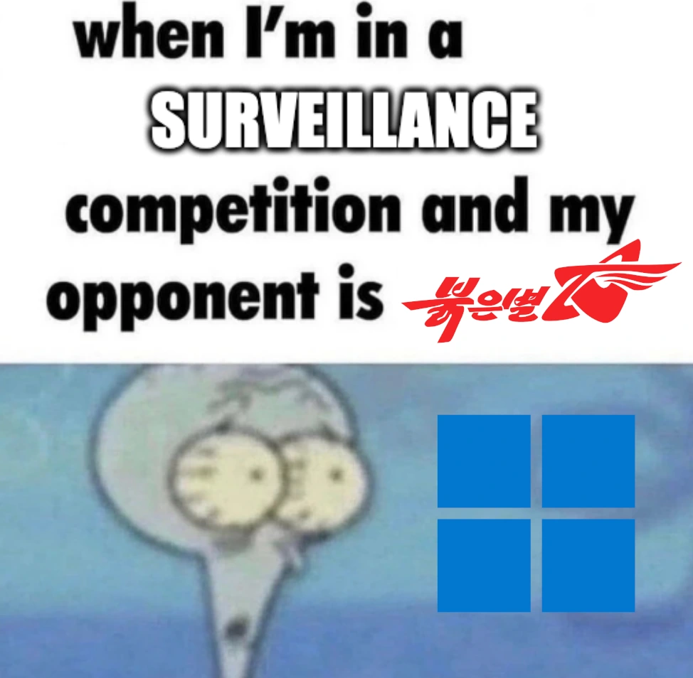 When i'm in a surveillance competition and my opponent is Red Star Os squidward's nose deflates Windows 11.