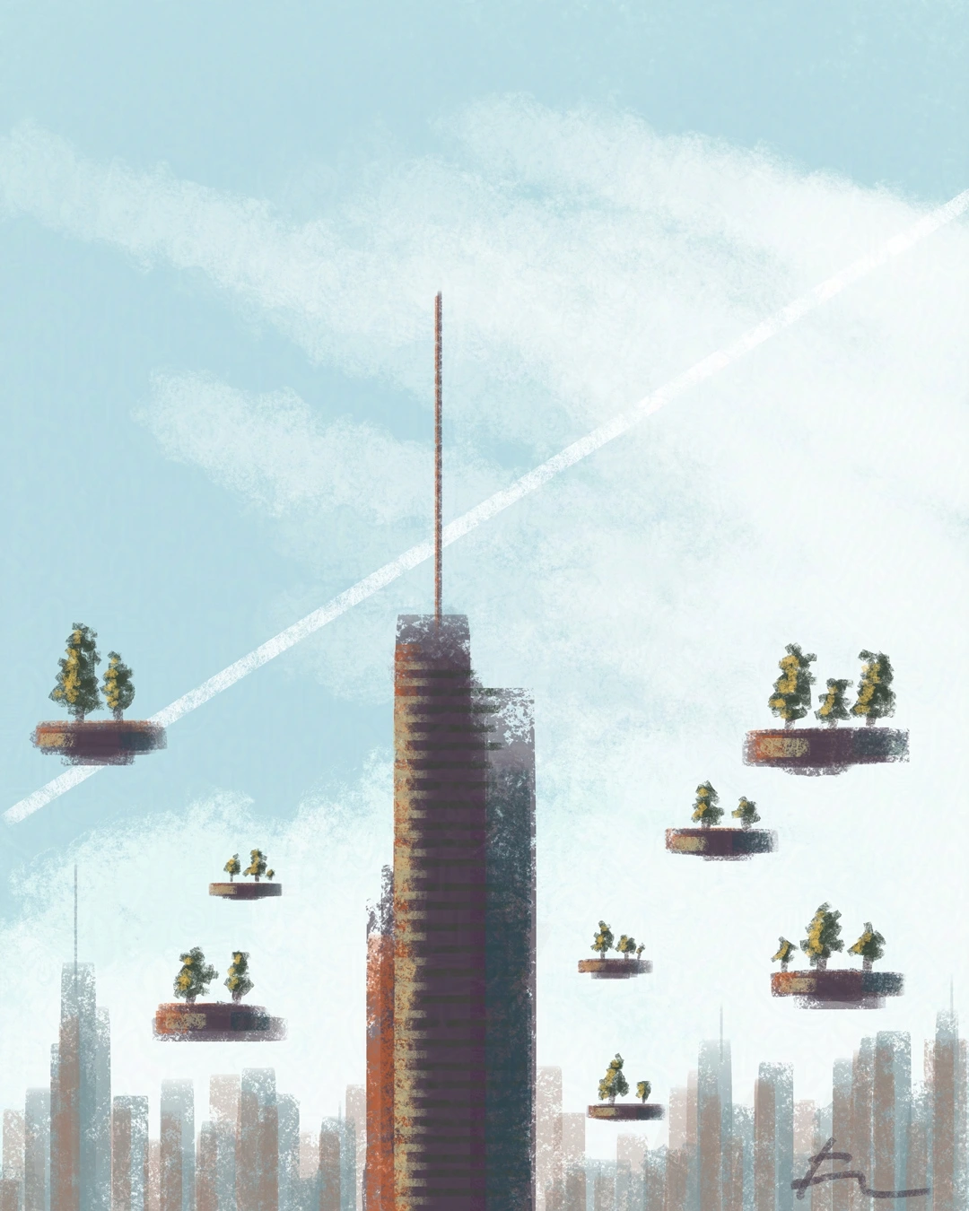 Digital painting of a skycraper surrounded by floating islands of trees.