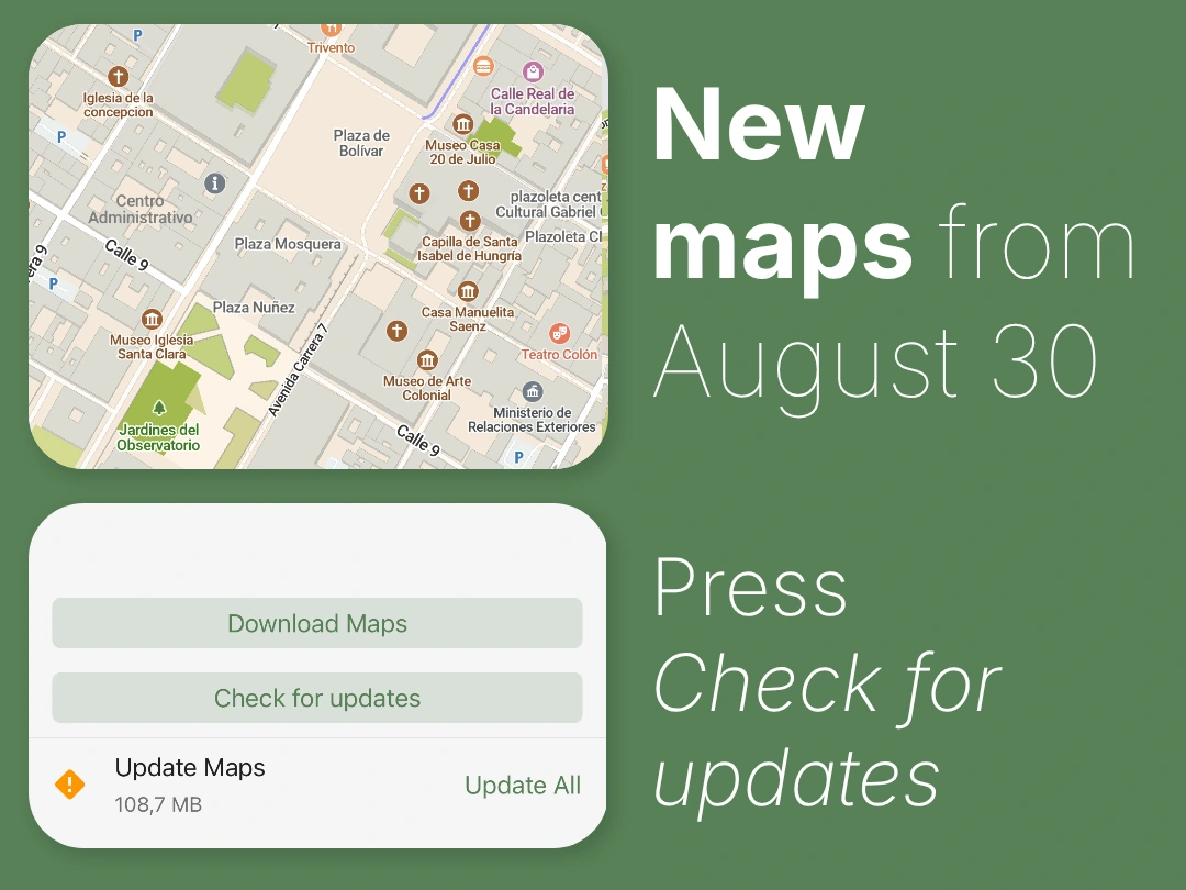 share pic reading "new maps from august 30: press check for updates" alongside a map screenshot from bogota and the update interface