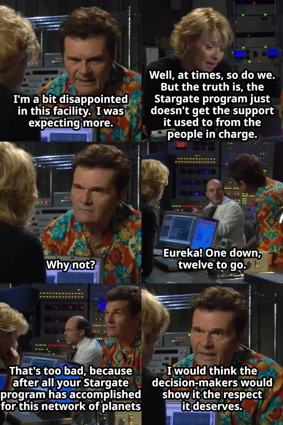 Panel 1: Jacek saying "I'm a bit disappointed in this facility.  I was expecting more." Panel 2: Sam saying "Well, at times, so do we. But the truth is, the Stargate program just doesn't get the support it used to from the people in charge." Panel 3: Jacek saying "Why not?" Panel 4: Dr. Lee in the background saying "Eureka! One down, twelve to go." Panels 5/6: Jacek saying "That's too bad, because after all your Stargate program has accomplished for this network of planets, I would think the decision-makers would show it the respect it deserves."