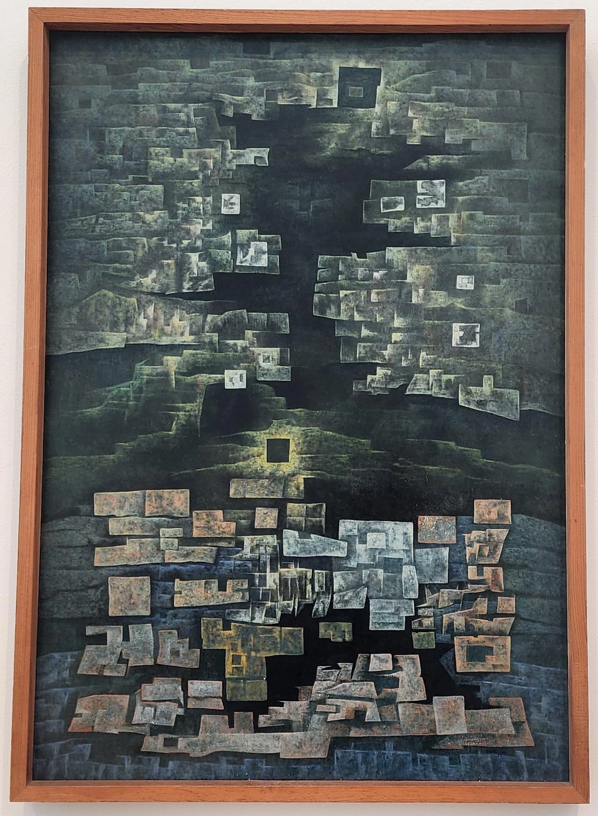 Abstract scene roughly resembling a cloud-filled sky, with an opening rising through the middle of the cloud, above a rocky landscape with 'caves'/lacunae. just above the "horizon" is a square with bright light shining from it. this is done in Gerzo's distinctive block shapes in slightly varying shades of stone/rust