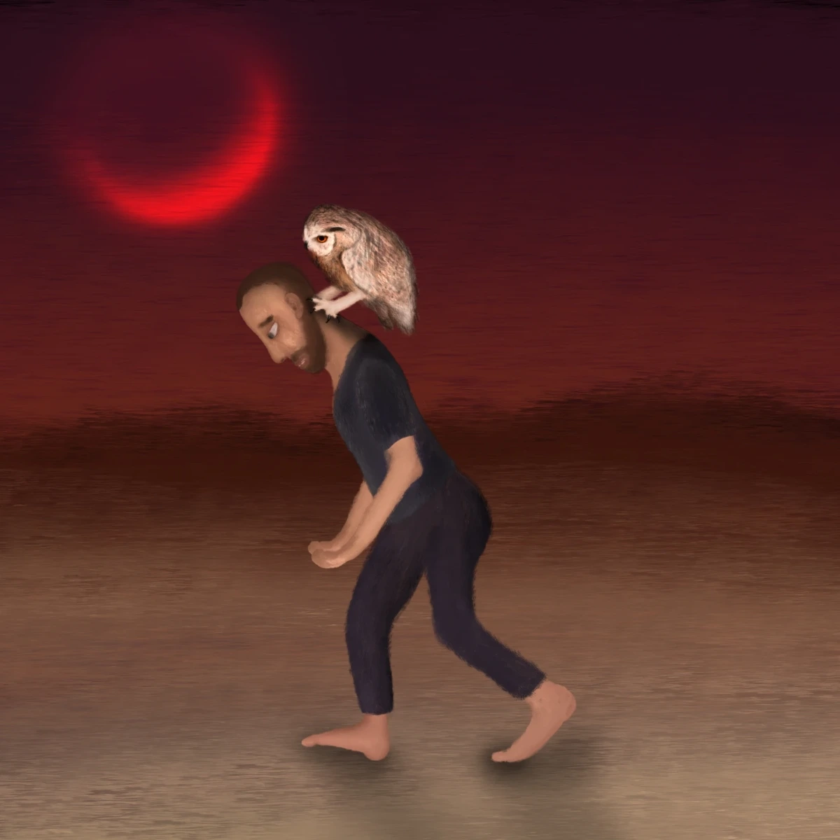 A digital drawing depicting a bearded man, seen in profile, walking across an endless desert, while an owl (meant to be a Bubo ascalaphus, Pharaoh eagle-owl, a large-sized owl native to deserts, with deep orange eyes, prominent ear tufts and strong physiognomy) is perched on his neck. The man, wearing marine purple trousers and marine blue shirt, walks barefooted over the sand with some difficulty, seemingly weary, while he looks downward at his hands, which are extended next to his waistline with the palms facing up as if he were carrying something on his hands (but there's nothing being held). The owl, in contrast, is chillingly calm and simultaneously focused, asserting dominance over the man as she looks at his face with the same focused (and majestic) look that of when owls are watching a prey. Her head is slightly tilted leftwards (in relation to them; to us viewers, it's towards us), adding to an uncanny tenderness. Behind them, a deep red sky typical of late dusk blends with the sand at the horizon, while an enormous red crescent moon emits a deep red glow, a glow of which is the source of light for the entire scene (shadows are cast on the ground).