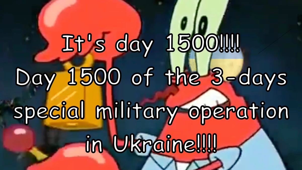 Image showing Mr. Krabs (from Spongebob) declaring day 1500 of the 3-days special military operation in Ukraine by using a bell and looking tired
