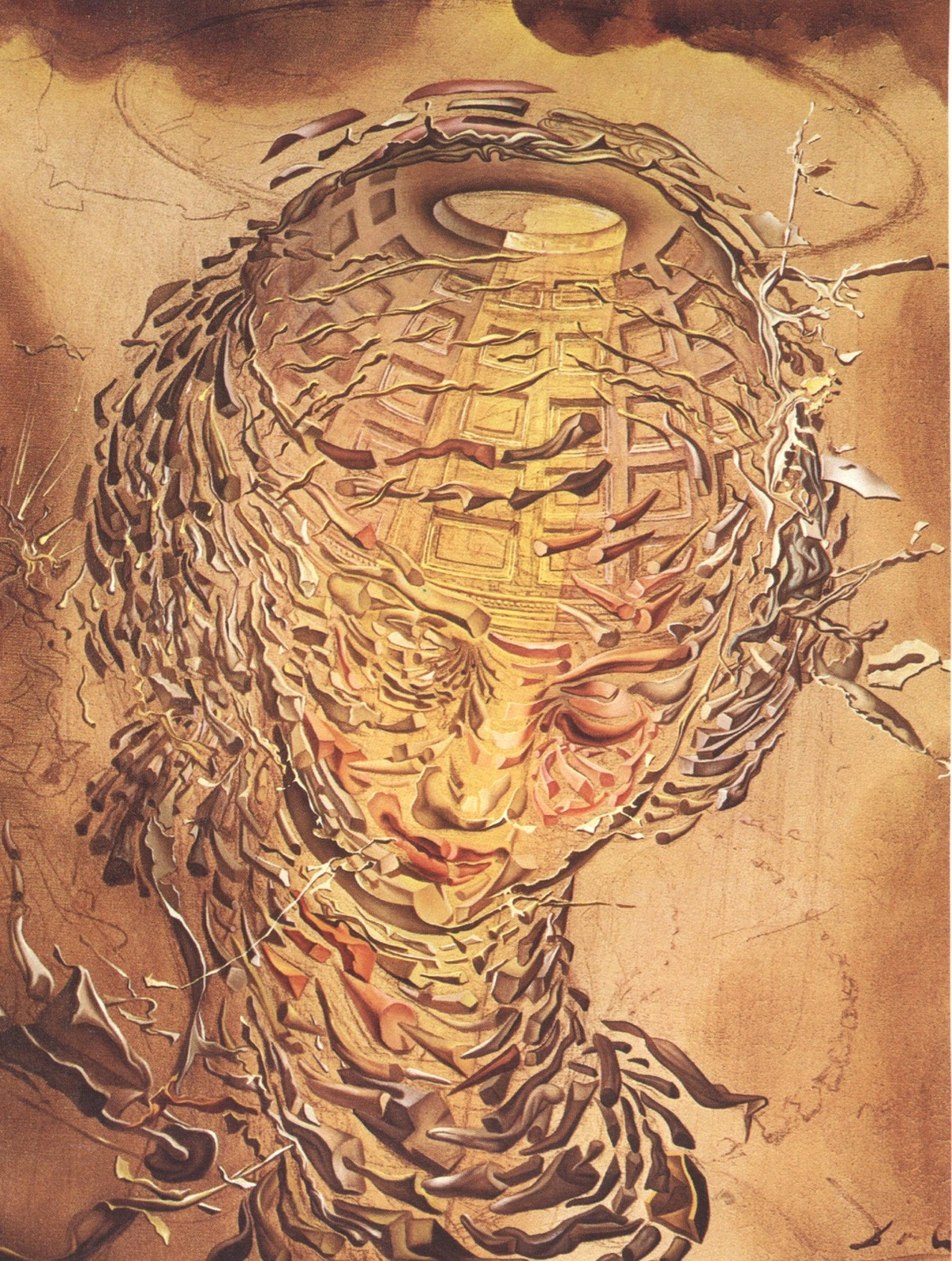 Salvador Dalí’s Exploding Raphaelesque Head (1951), an abstract surreal portrait of a female face breaking apart into layered, ribbon-like fragments. The head is centered against a warm brown background, with a halo-like ring and cloud forms above, and a skull-like dome structure visible at the top.