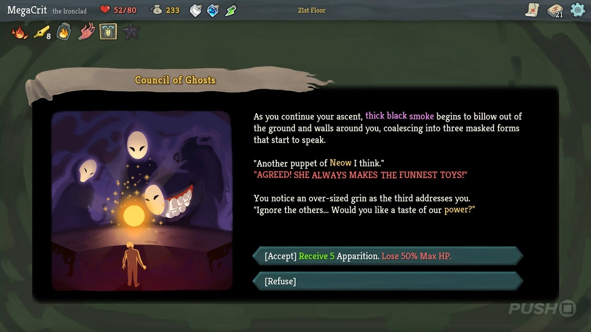 A screenshot from Slay the Spire with color-coded text