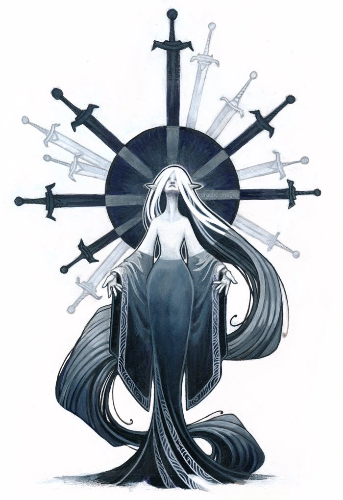 An art piece by Drachenmagier. It's a female-looking person with long straight hair. She's standing, head tilted upwards, her arms slightly stretched up and outwards, palms up, as though receiving something from above. From the waist own, the colouration is blue/black, her dress and hair intermingling. In the same blue/black tone, there's a large circle centred behind her head, twice the size of her torso. Multiple swords are pierced into this circle from all sides, centreing behind her head.