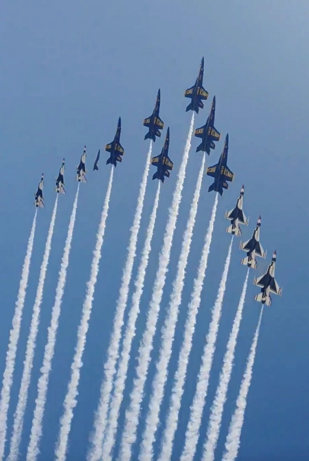 The Blue Angels and the Thunderbirds performed a rare Super Delta over Pensacola Beach this morning