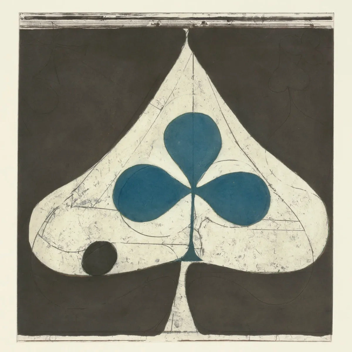 Album art of Shields, which is a print of a work by Richard Diebenkorn. There are three layers to the print which is themed around playing cards: a dark grey background, a white spade, and a blue club within that spade. The colouring is flat and minimalist, but scratchmarks and dirt are visible particularly on the white club.