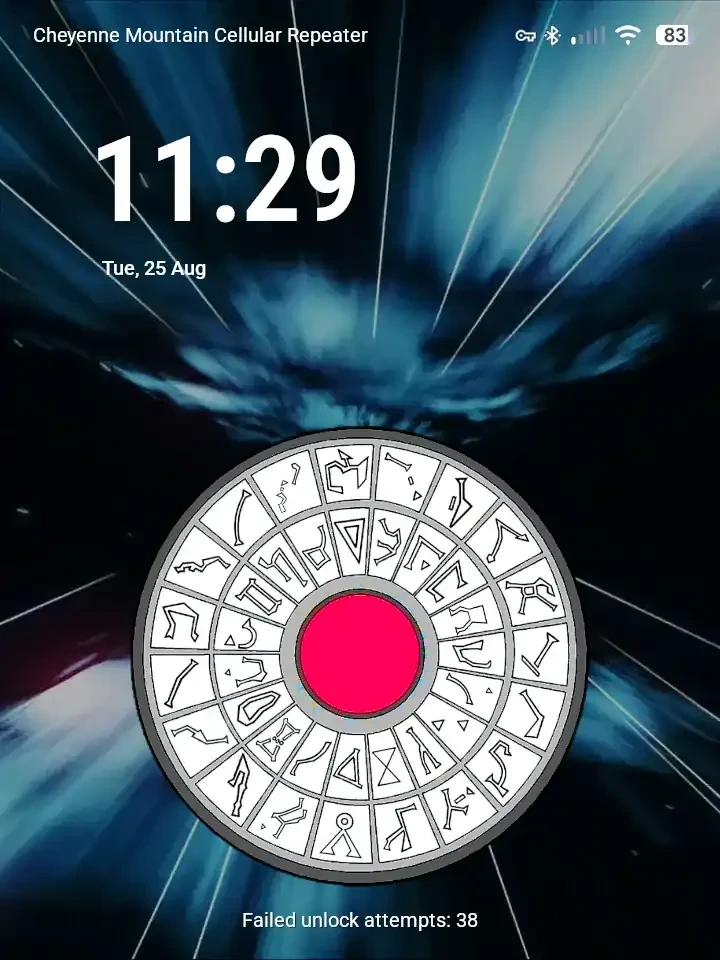Screenshot of an Android phone lockscreen with a dial home device from Stargate in place of a PIN entry pad