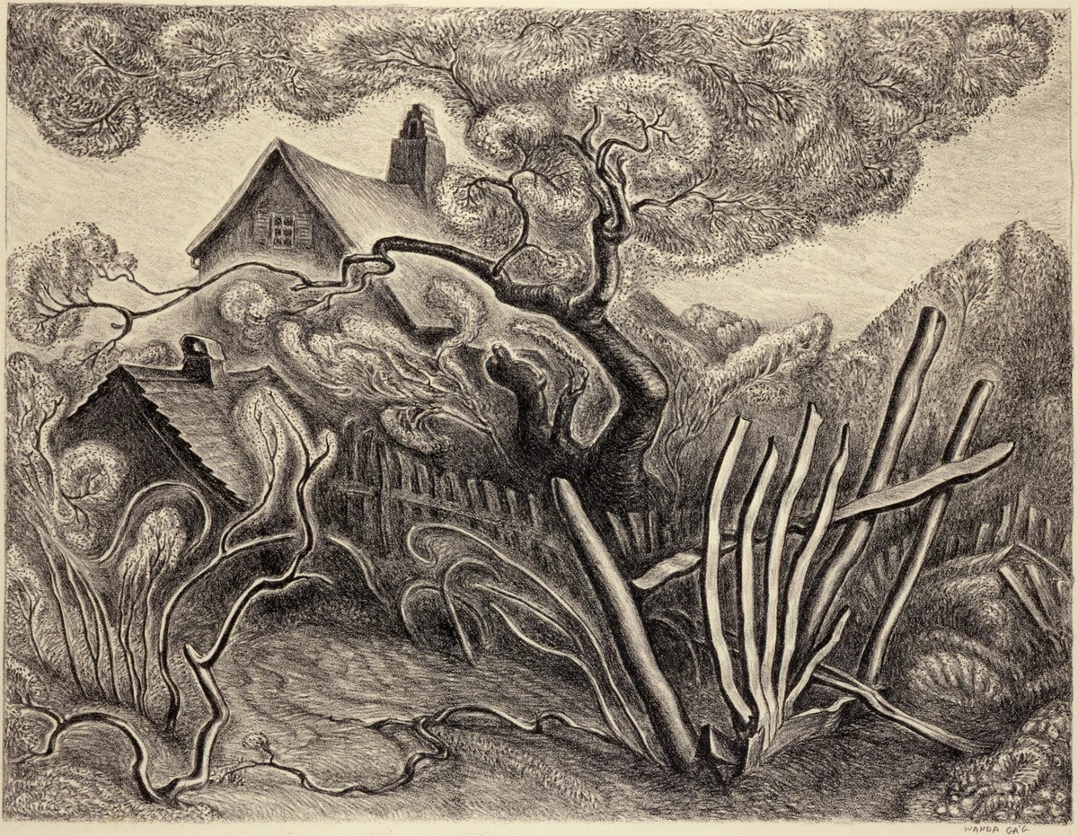 Highly stylized drawing of outside of a home with swirling trees and fence, all in monochromatic hues.
