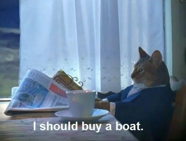 Photorealistic cat at the breakfast table holding a newspaper. His caption reads "I should buy a boat" Classic "I should buy a boat cat" meme.