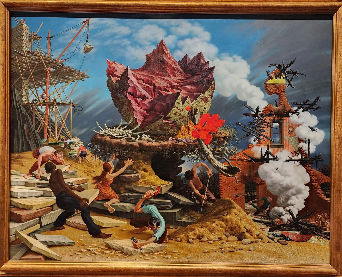 surrealist, cartoonish painting. At center on an earthen platform is a large object like the bottom of a pink broken egg, the inside being solid with cracks that look like an earthquake. around this object is a flurry of activity with human cartoon-like characters furiously building, on left, a large stone building with scaffolding, and on right are remnants of a stone house.