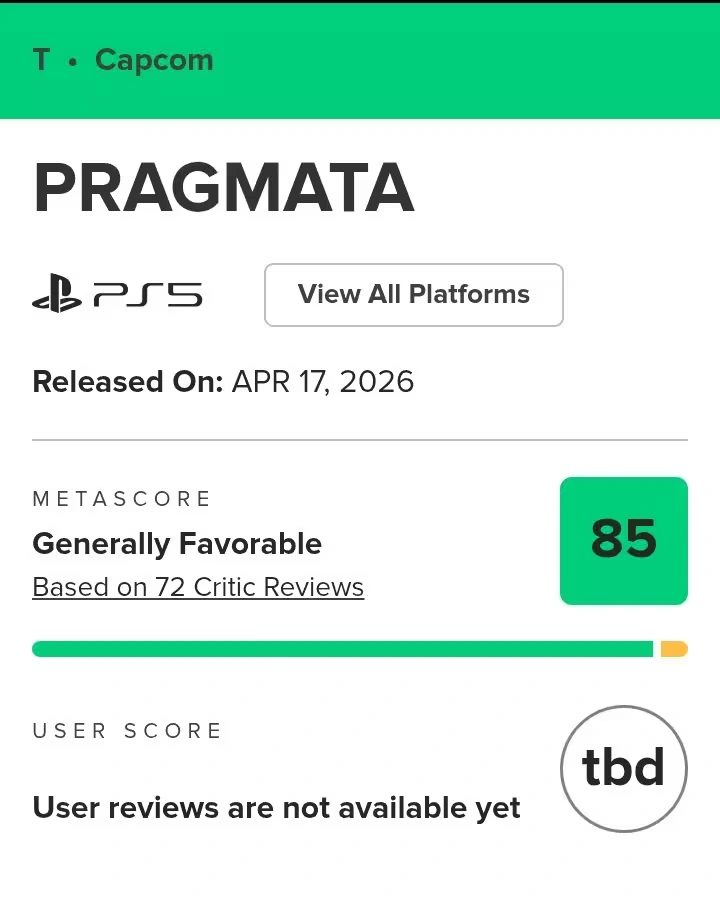 Pragmata ( PS5) currently sits at a 85 critics score on Metacritic 
