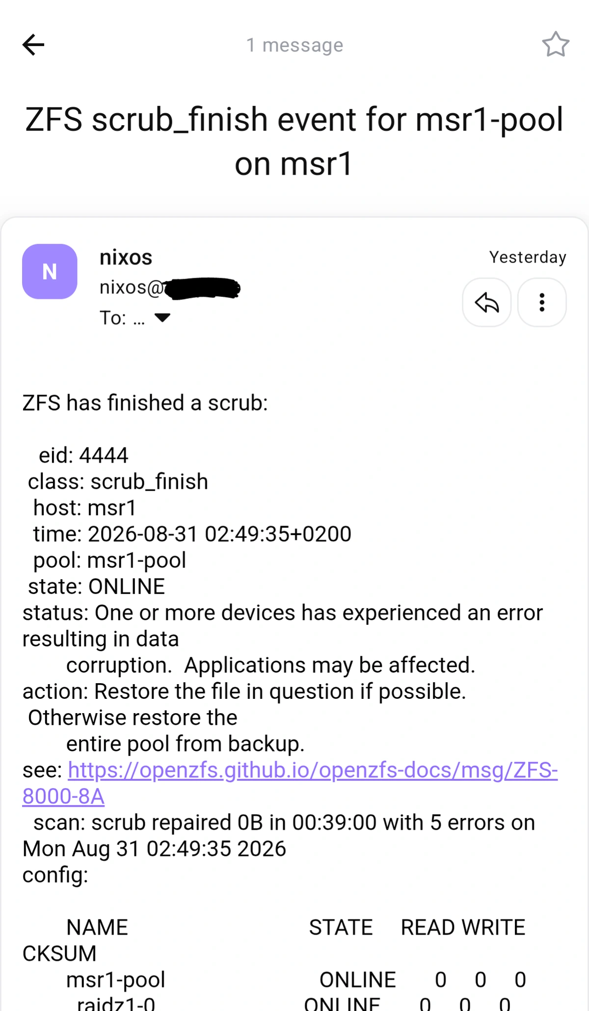 a screenshot of an email message with output of zpool scrub command, showing data corruption and 'restore the entire pool from backup' as one of the suggested solutions