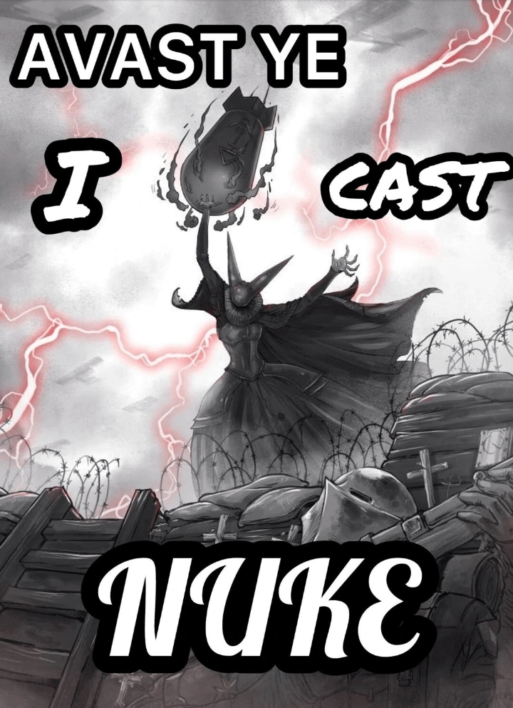 Artillery witch throwing bombs on the battle field with the text "Avast ye, I cast NUKE!" over laid on the image.