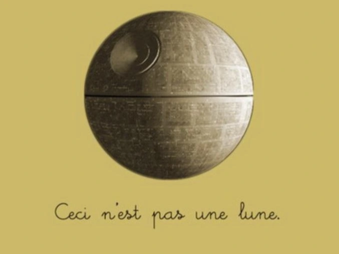 A take on René Magritte's famous painting, only this one is captioned "Ceci n'est pas une lune" under a painting of the Death Star.