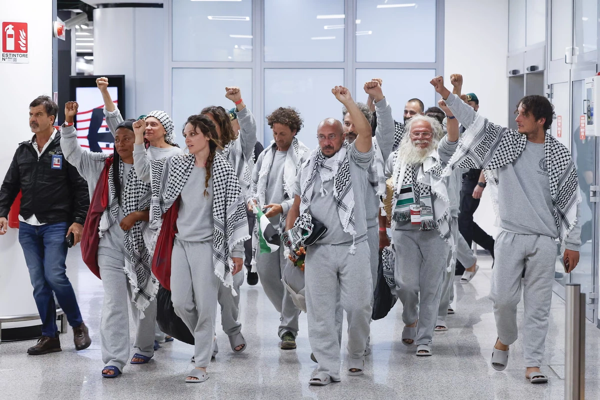 Activists from the Global Sumud flotilla arrive in Rome after their release from Israeli custody