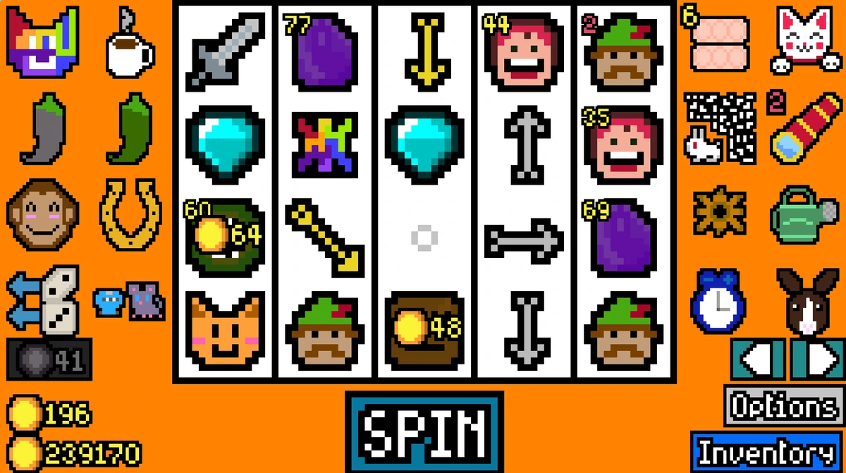 A screenshot of the game "Luck Be a Landlord". The player has way too many items, 239170 coins, and has just earned more 196 coins.