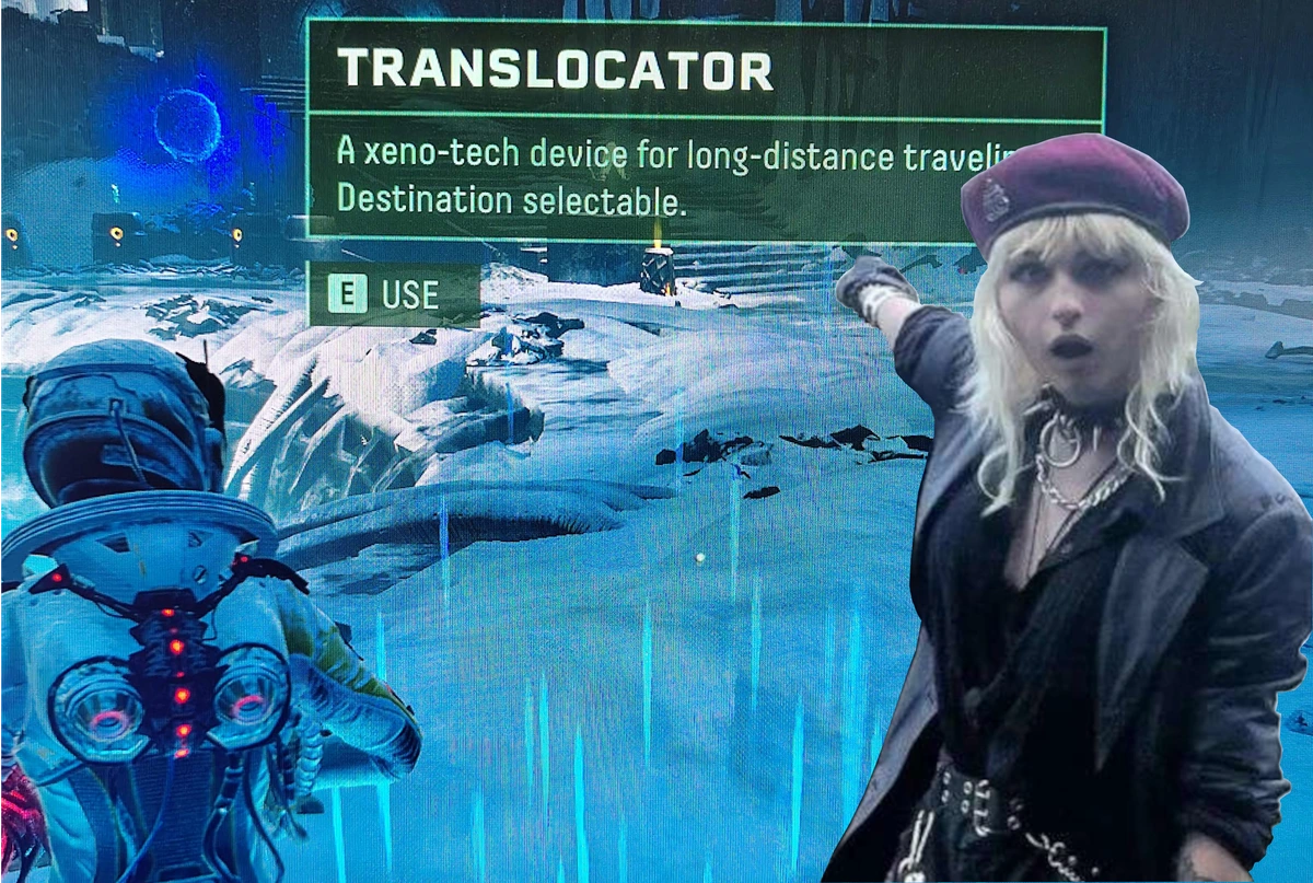 A goth woman with a shocked face (Liquidgoth) points behind herself at a screenshot from the game Returnal, with a UI pop-up that reads: "TRANSLOCATOR. A xeno-tech device for long-distance traveling. Destination Selectable."