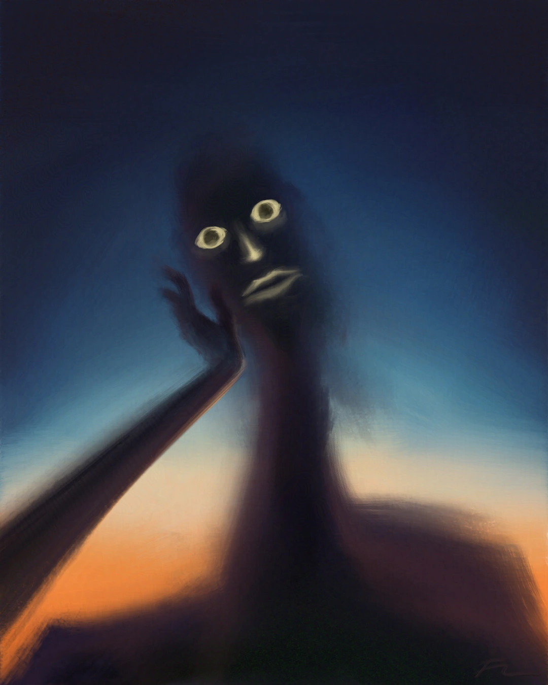 Digital painting of a ghostly figure looking at the viewer with large bright eyes and pursed lips. A hand is reaching out to the face as if to caress.