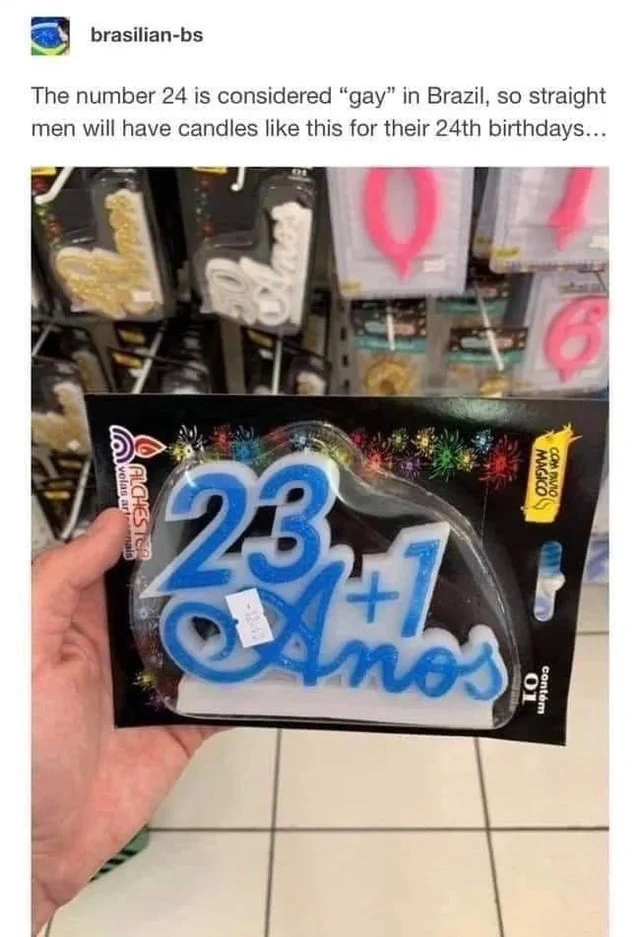 An image of a blue and white birthday candle that says “23+1 Anos” brasilian-bs writes: The number 24 is considered "gay" in Brazil, so straight men will have candles like this for their 24th birthdays... 