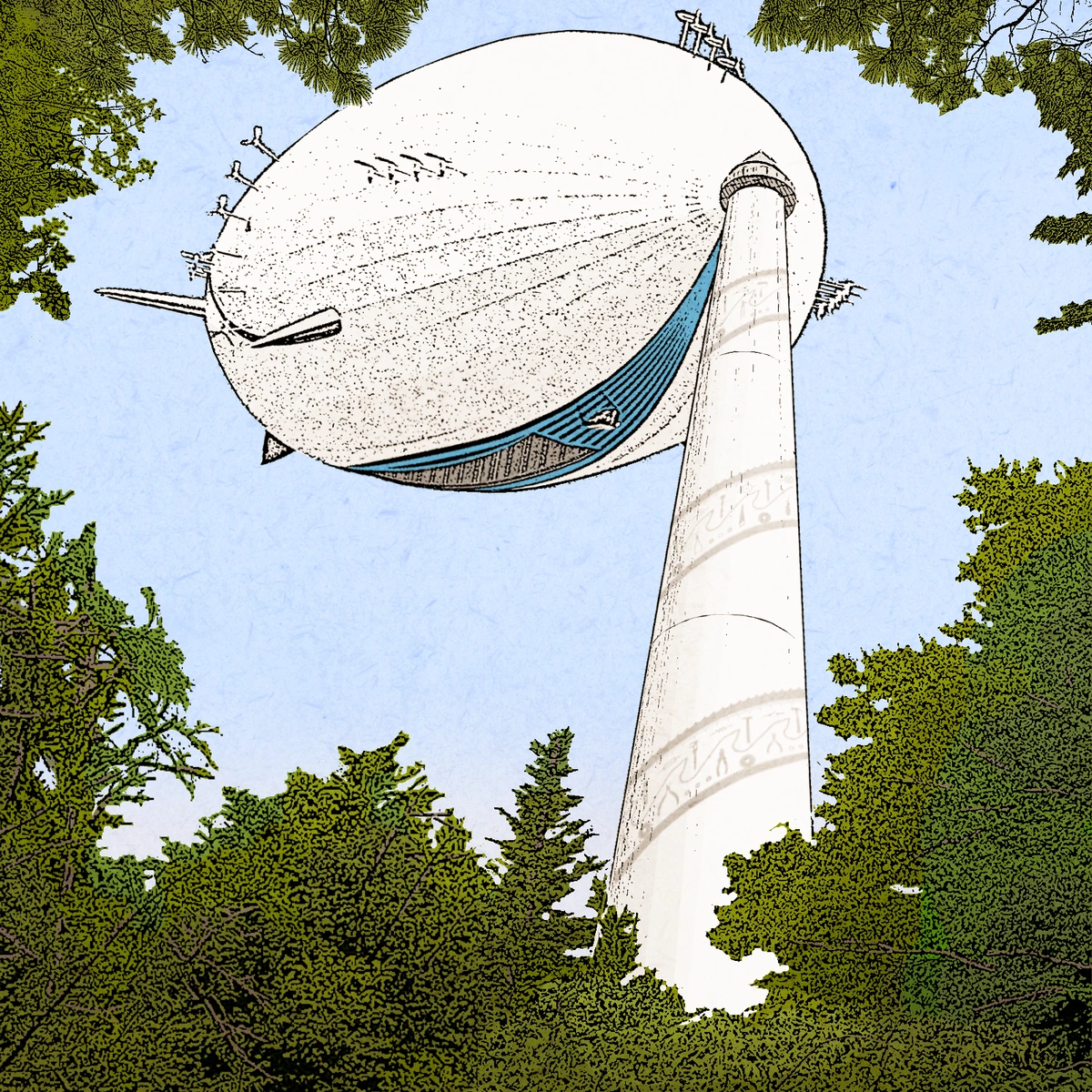 The image shows a "flying crane" style cargo airship with an open cargo compartment in the keel, docked at a round white mooring mast. The two manmade structures are framed by tree branches as the viewer looks up through a hole in the forest canopy. The airship is mostly white with a blue stripe. The mooring mast is white but has an abstract pattern made up of tool motifs wrapped upwards around it like a ribbon. 