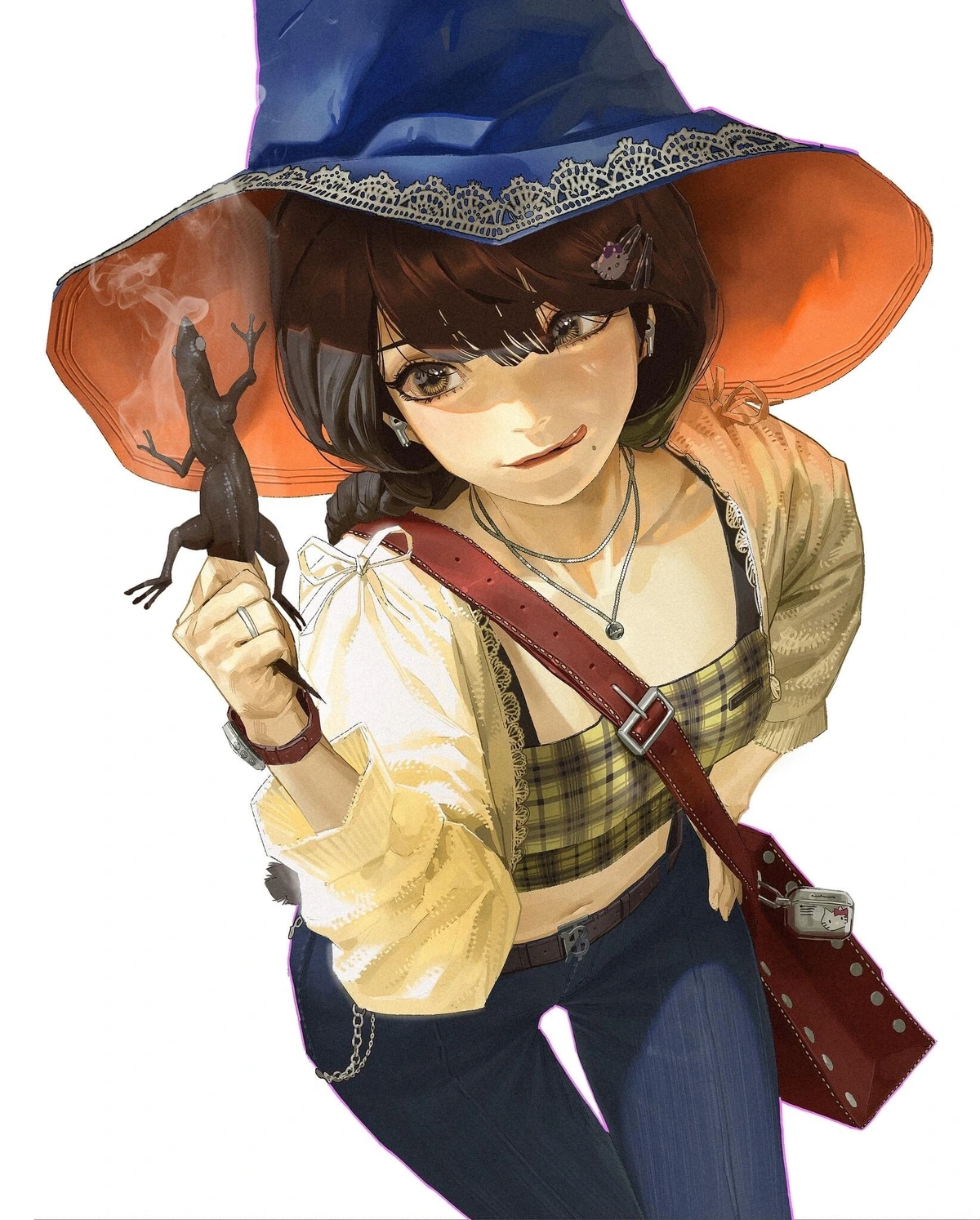 A young witch (in modern dress except for the iconic big pointed hat) holds a fried lizard up for inspection. It is still steaming, and the witch is licking her lips in anticipation.