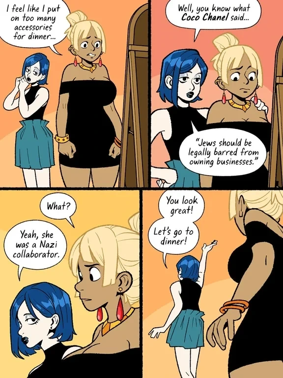 A four-panel comic showing two women preparing for dinner. One, wearing a black dress and accessories, asks for advice. The other, with blue hair, quotes an antisemitic statement attributed to Coco Chanel, then mentions the fashion designer's history as a Nazi collaborator before dismissively changing the subject.