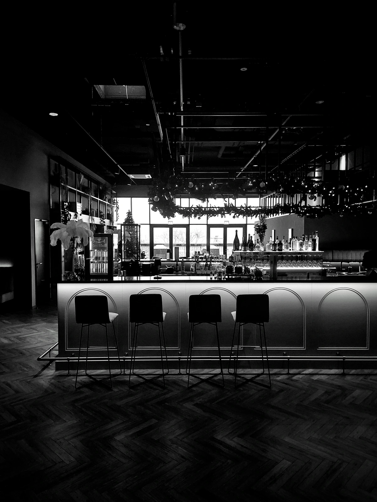 cocktail bar, with large window on the back looking outside