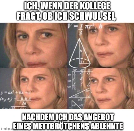 Meme: Eine Frau schaut auf vier Bildern sehr verwirrt, sie ist in extremer Nahaufnahme des Gesichts fotografiert. Verschiedene mathematische Formeln sind eingeblendet, um Verwirrung und Unverständnis zu symbolisieren.
Text: Ich, wenn der Kollege fragt ob ich schwul sei, nachdem ich das Angebot eines Mettbrötchens ablehnte