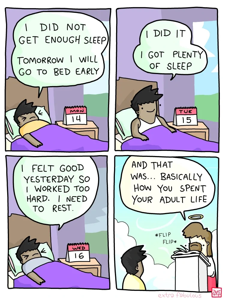 Panel 1, a man is reluctantly waking up in bed on a Monday: I did not get enough sleep. Tomorrow I will go to bed early. Panel 2, man is chipperly awake on a Tuesday: I did it. I got plenty of sleep. Panel 3, man is grudgingly awake on a Wednesday: I felt good yesterday so I worked too hard. I need to rest. Panel 4, the man is now standing before Saint Peter at the pearly gates, who is flipping through a book. Saint Peter: And that was... basically how you spent your adult life.