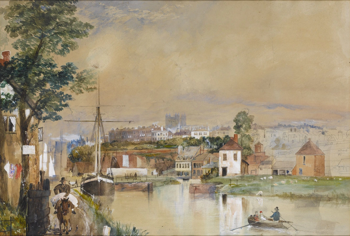 Painting by John Gendall from about 1835 showing an outdoor scene at dusk, with a river and a sahip and small buildings in the background.