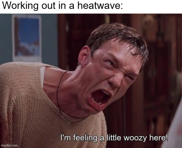 Picture of Stu from Scream saying "I'm feeling a little woozy here!" with the caption "Working out in a heatwave:"