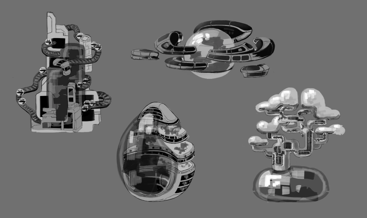 4 sketches of architectures for a solarpunk zoo concept art : one is very vertical, like multiple boxes stacked upon each others, with a big rail for egg shape vessels passing through the architecture. The second is a big round central round shaped aquarium and the archiecture is ring shaped around the aquarium. It resemble a planet. The third one looks like a building sized agg, half aquarium (glass) half multiple floor architecture. And finally the last one is a big aquarium at the base, very liquid bubble like, and from that base the architecture takes the form of a tree where the floor resemble the "leaf clusters" of the tree.