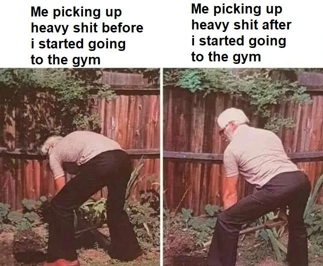 Left image: photo of an old man picking something up with his back bent, with the caption "Me picking up heavy shit before I started going to the gym".
Right image: photo of an old man picking something up with a straight back, with the caption "Me picking up heavy shit after I started going to the gym".