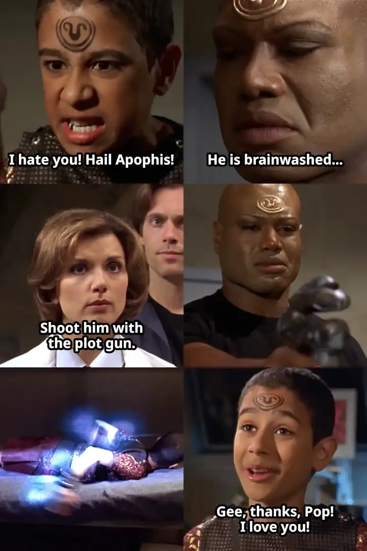 Panel 1: "I hate you! Hail Apophis!" Panel 2: "He is brainwashed..." Panel 3: "Shoot him with the plot gun." Panel 4: Teal'c firing a Zat'nik'tel. Panel 5: Ryac getting hit by a blast. Panel 6: "Gee, thanks, Pop! I love you!"