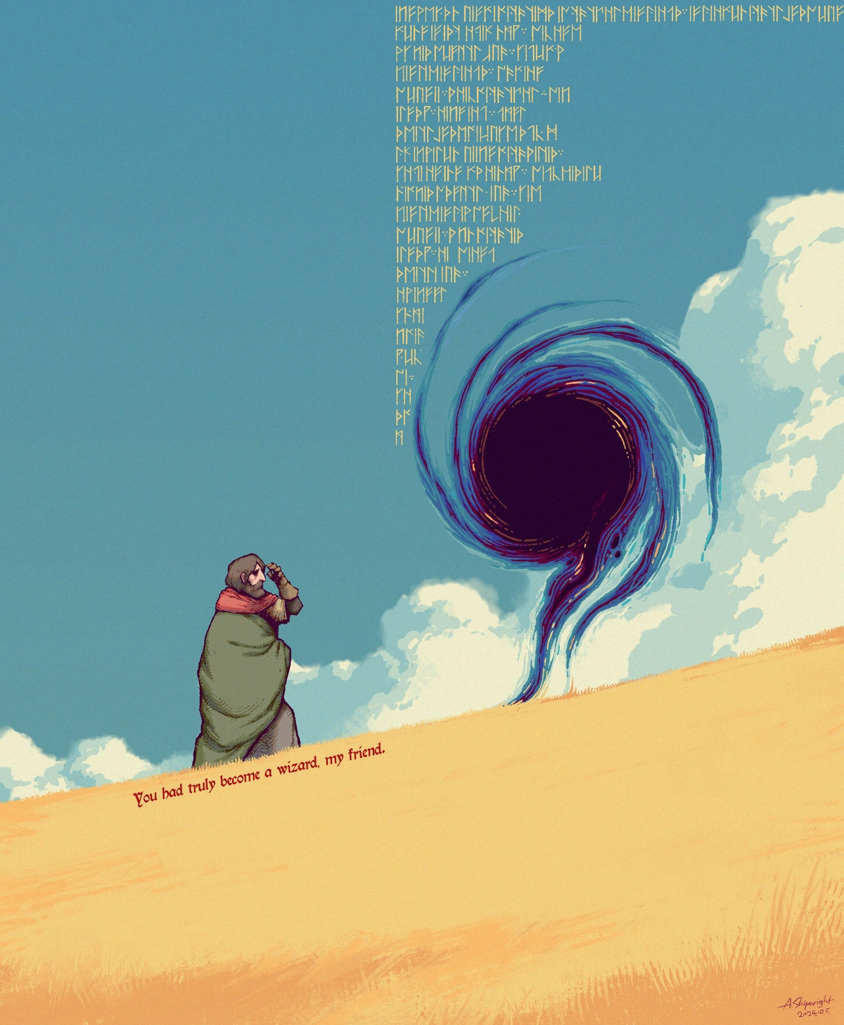 illustration of a man with one hand raised to his temples. He is walking up a barren hill towards a swirling black portal that hangs in the air. Arcane runes hang in the air with it.  Beneath the wizard are the words "You had truly become a wizard my friend". 