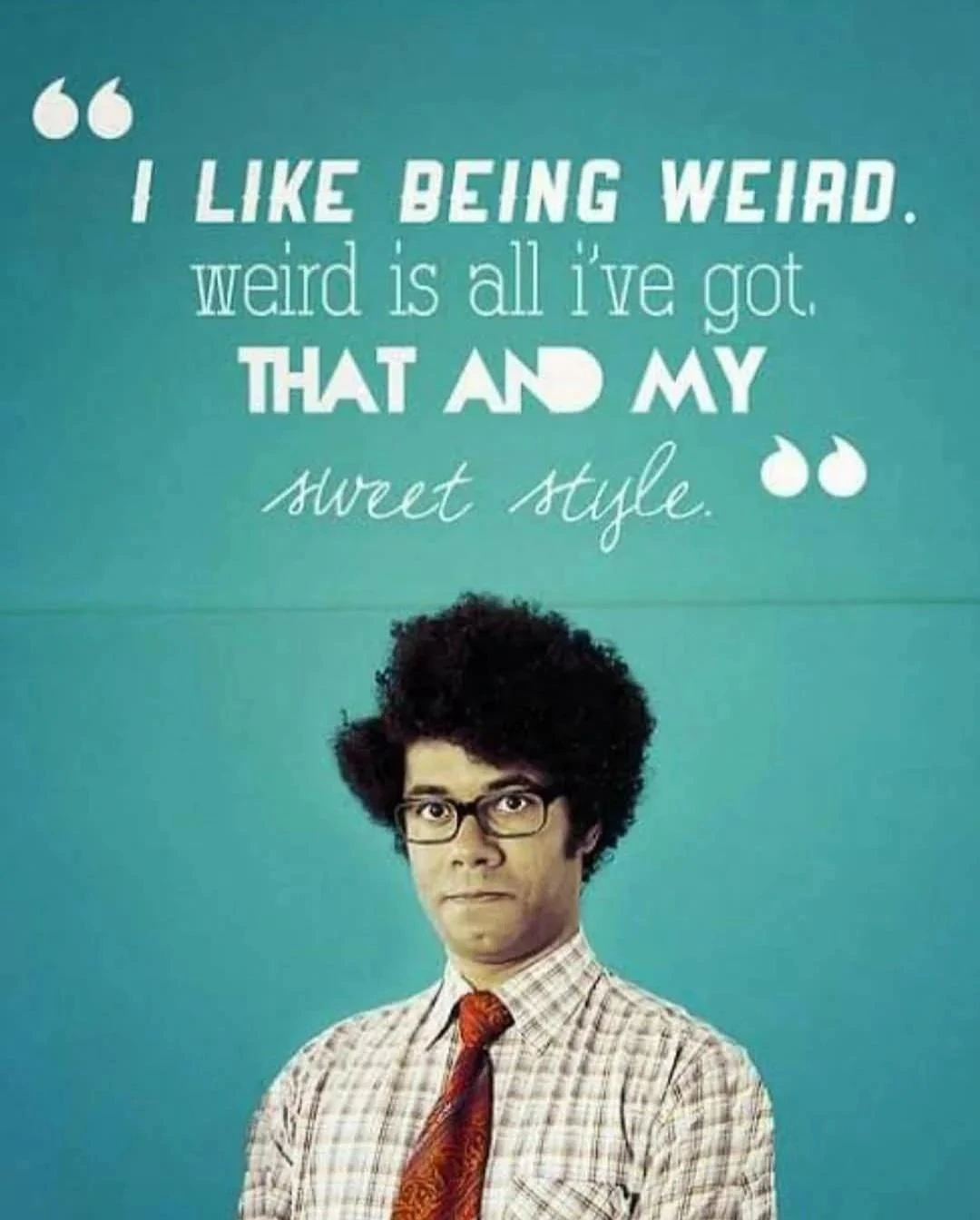 Photo of Moss from The IT Crowd TV show.
Caption: "I like being weird. Weird's all I've got. That and my sweet style."
