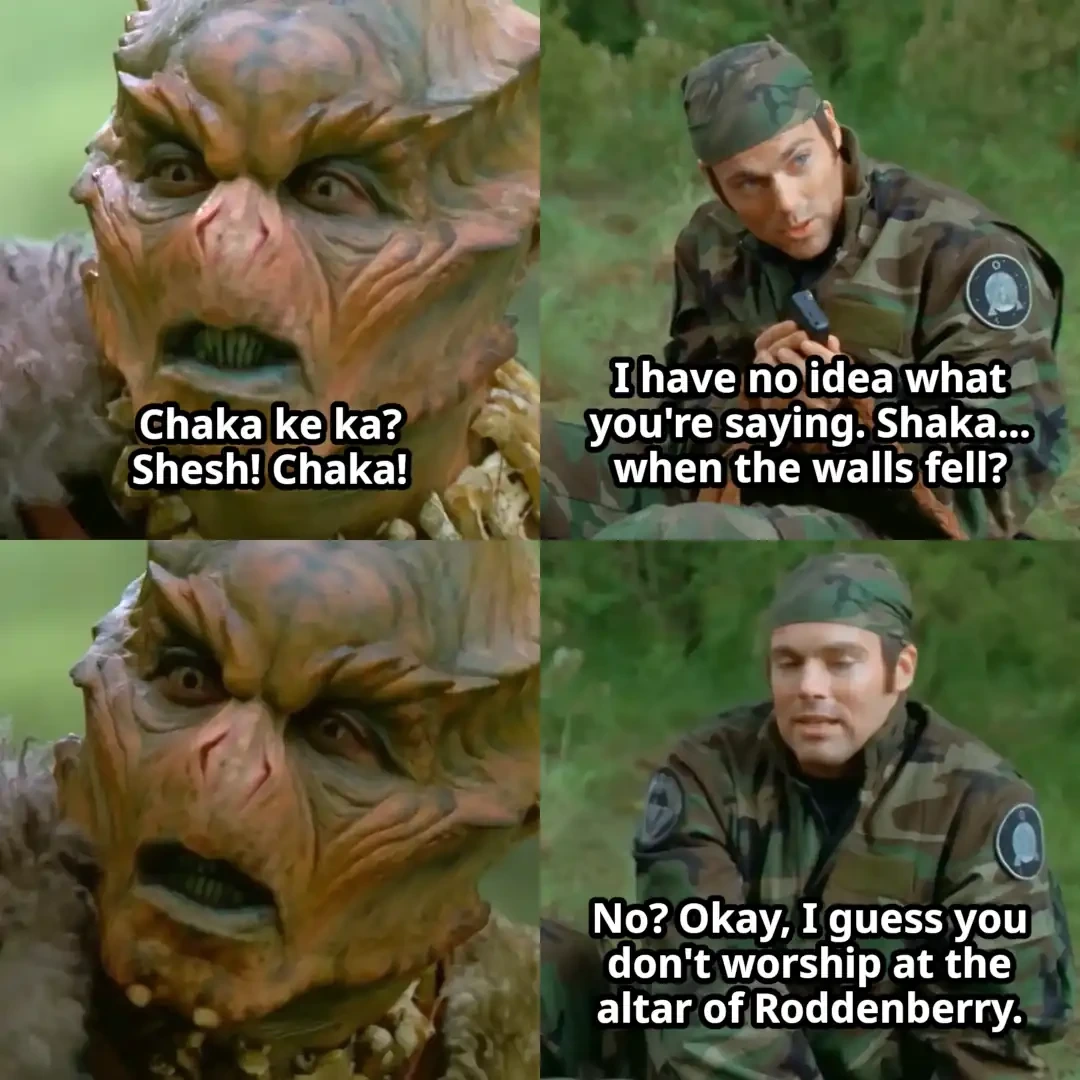 Panel 1: Chaka saying "Chaka ke ka? Shesh!" Panel 2: Daniel saying "I have no idea what you're saying. Shaka... when the walls fell?" Panel 3: Chaka looking confused. Panel 4: Daniel saying "No? Okay, I guess you don't worship at the altar of Roddenberry"