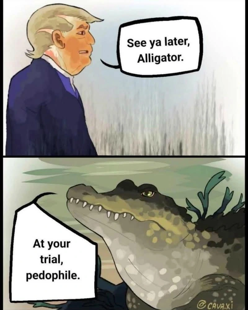 Political cartoon of trump standing on the edge of a swamp. “See ya later, Alligator.” Looking up from under the water, an alligator “ At your trial, pedophile”  @cava.xi