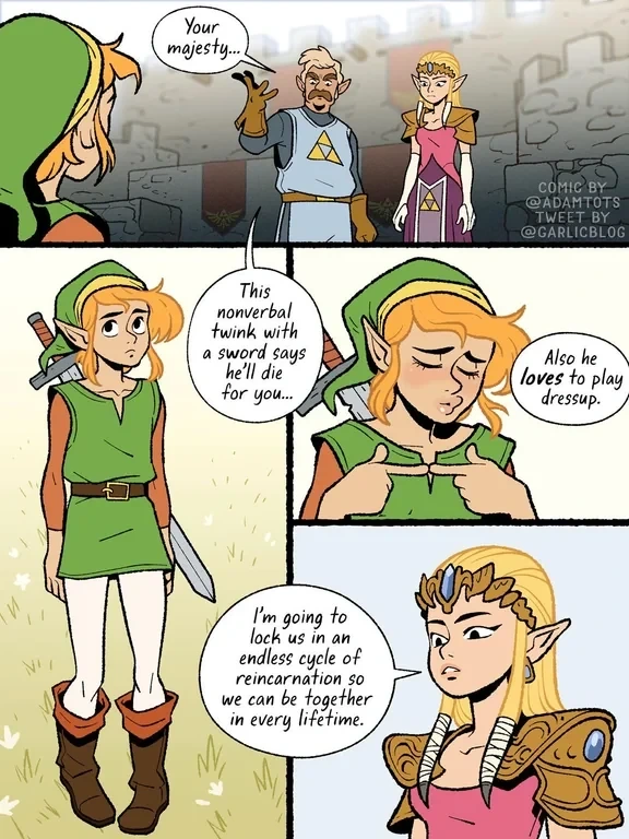 A three-panel comic featuring Link, Zelda, and a soldier. The soldier introduces Link as a "nonverbal twink" who likes "dressup." In response, Zelda says she will lock them in an "endless cycle of reincarnation" to be together forever.
