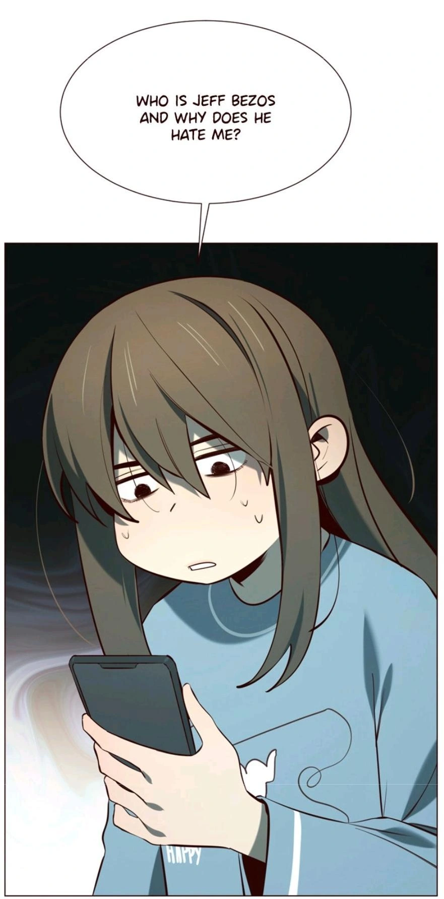 A woman looks confusedly at her phone and says: "Who is Jeff Bezos and why does he hate me?"