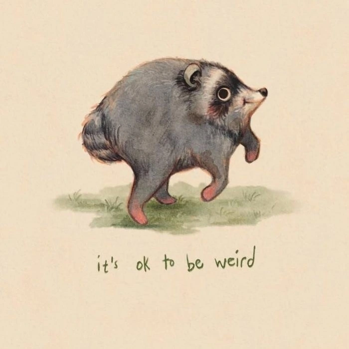 A drawing of a short-spined raccoon with the caption "it's ok to be weird"