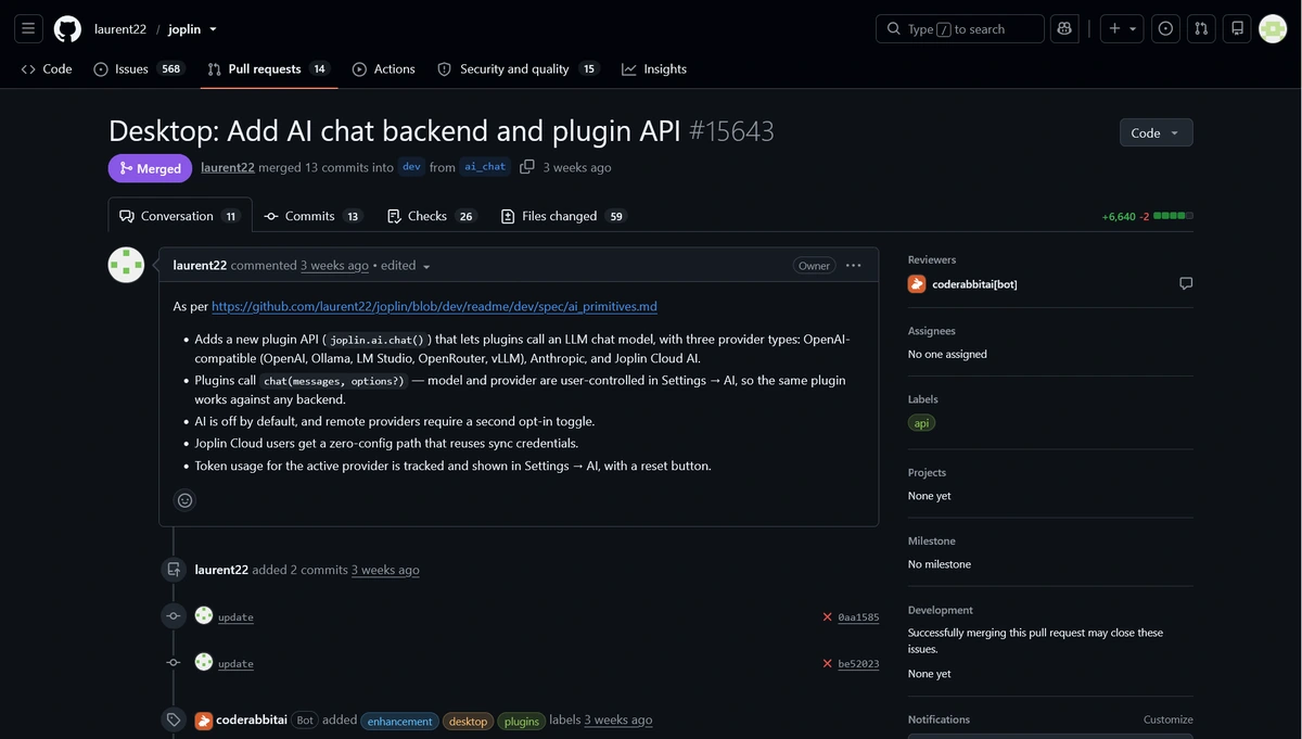 Screenshot of GitHub pull request merged to laurent22's Joplin repo, dev branch. For text version, visit the website: link in post text