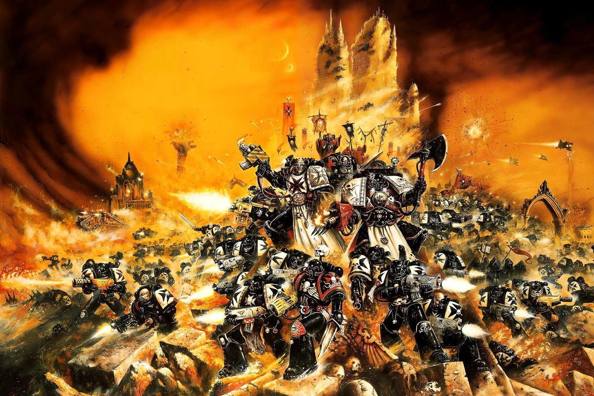 Large painting of Black Templars engaging an unseen enemy.