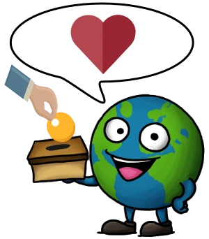 Globi (das OC Maskottchen, ein Globus mit lachendem Gesicht, Armen und Beinen) freut sich über eine Spende, die in eine Box eingeworfen wird. Cartoonhafte Darstellung mit einem Herz in der Sprechblase.