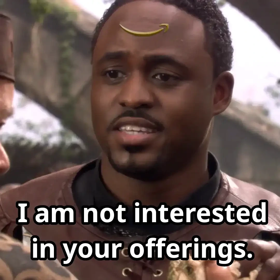 Trelak, the First Prime of Ares, with a golden Amazon logo branded on his forehead, saying "I am not interested in your offerings."